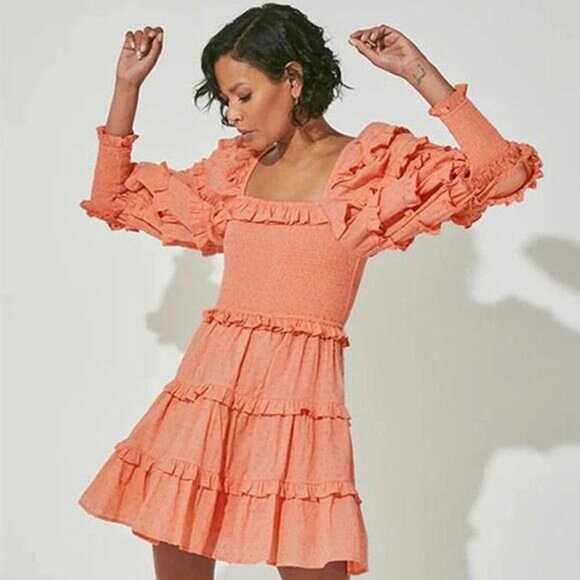 NWT Cleobella Harley Coral Pull On Smocked Tiered Ruffles Coral Mini Dress Sz XS - Picture 1 of 7